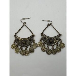 Antique Gold Tone Coin Chandelier Earrings – Boho Statement Costume Jewelry